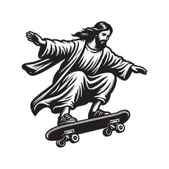 Poster - Jesus on a skateboard. abstract vector black hand drawn illustration. Tattoo, print, sketch