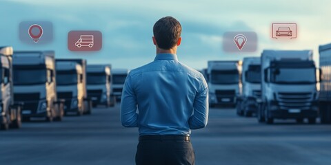 photo of logistics officer checking with tablet in front of truck ready to leave