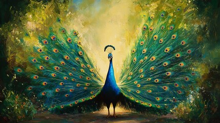 Sticker - Vibrant male peacock spreads stunning iridescent feathers in a lush green garden, showcasing vibrant blues, emerald greens, and gold hues in majestic natural surroundings.