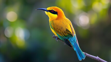 Wall Mural - A vibrant yellow bird perched on a thin branch, displaying its colorful plumage against a blurred background. Perfect for nature and wildlife themes.