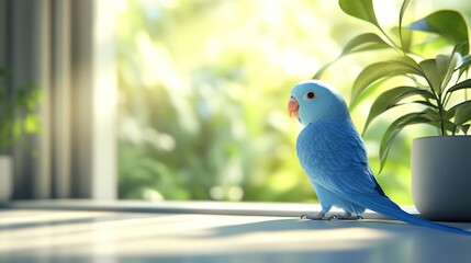 Wall Mural - Blue Parakeet Sitting in a Sunlit Room. Concept of Pet Birds, Domestic Animals, Home Decor, Peaceful Ambiance