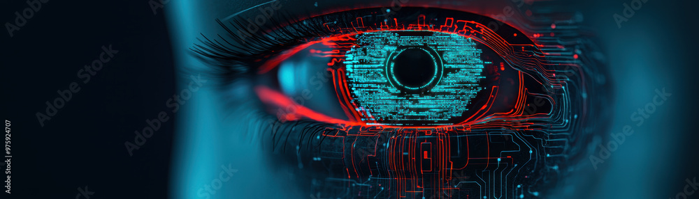 A robotic eye analyzing data streams with glowing circuits showcases ...