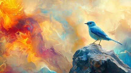 Poster - A lone blue bird perches on a rock against a swirling, abstract background of colorful clouds. 