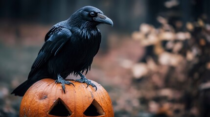 Poster - halloween raven sitting on a jack-o'-lantern pumpkin 