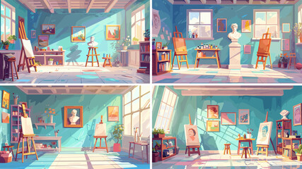 Sticker - Art studio cartoon vector scenes. Easels sculptures brushes window oil paints artworks racks sketches instructional creative space room class empty interior illustrations