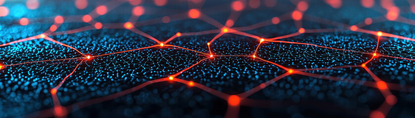 Wall Mural - A close up view of neural network structure, showcasing interconnected nodes and vibrant red and blue lights. This image represents advanced technology and information processing