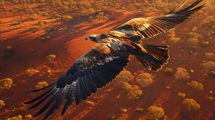 Sticker - A majestic wedge-tailed eagle soars above the Australian outback, its impressive wingspan stretching up to 7.5 feet, casting a shadow on the rust-red landscape.