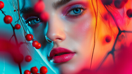 Womanâs face with a spectrum of makeup colors, framed by berries and floral patterns, with abstract lines and shapes blending into a surreal composition.