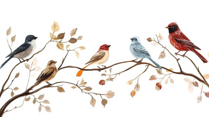 Wall Mural - Birds on Branches on white background