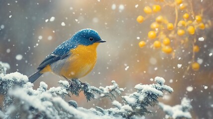 Poster - Blue and Yellow Bird in Snowy Landscape