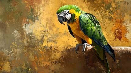 Wall Mural - Green and Yellow Parrot Perched on a Brown Surface