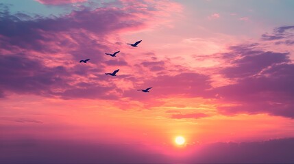 Canvas Print - A serene sunset with silhouettes of birds flying across a vibrant sky, creating a tranquil and picturesque landscape. 