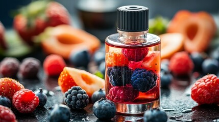 Wall Mural - A vaporizer container that holds flavored e-liquid with fruit and berry infusions for vaping