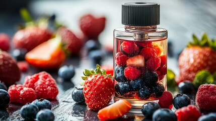 Wall Mural - A vaporizer container that holds flavored e-liquid with fruit and berry infusions for vaping