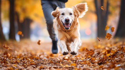 Poster - Golden Retriever Running With Owner in Autumn Park 