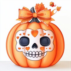 Wall Mural - Cute Halloween Pumpkin with Skull Face and Orange Bow