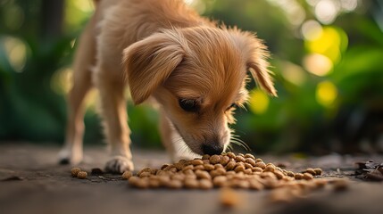 Poster - A small dog sniffs and inspects a pile of kibble on the ground with a blurred lush green background, focusing on food in a natural setting. 