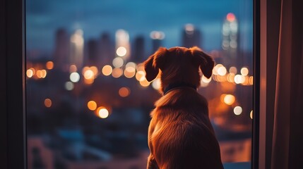 Poster - Rearview of dog sitting near the window, looking at cityscape, night lights on city skyscraper buildings outside, copy space. Pet animal at evening in home or house apartment room, lonely sad, waiting