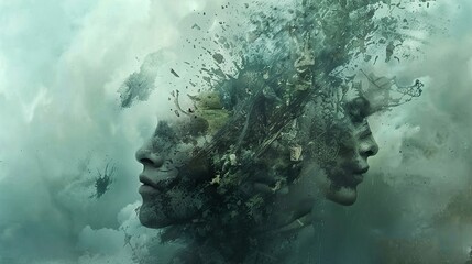 Abstract art image of two faces merging together with nature elements.