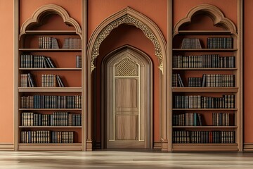 luxury apricot empty wooden bookshelf with gold arabic door ornament 