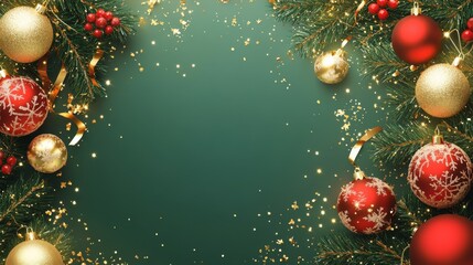 Wall Mural - Square banner with gold and red Christmas symbols. Christmas tree, balls, golden tinsel confetti and snowflakes on green background. 