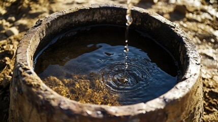 A close-up of a water barrel with only a few drops left, showing the scarcity of water during the dry season.