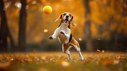 Sticker - Beagle dog jumping energetically to catch yellow ball, playful, sport, motion, pet, animal 