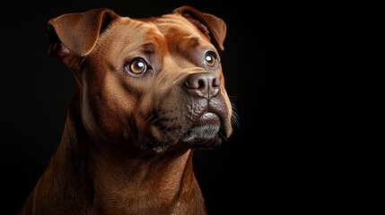 Canvas Print - half body art of a real brown staffordshire bull terrier, staring, strong expression, ultra realistic photography, black background