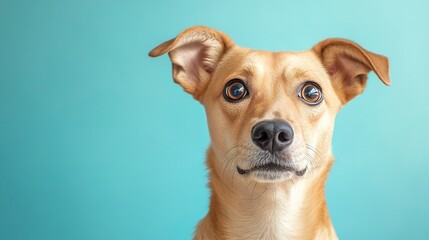 Canvas Print - A close-up portrait of a curious tan dog with expressive eyes against a soft blue background 