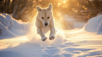 A dog running through the snow, leaving paw prints behind as it plays in the fresh powder.