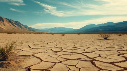 a dried-up desert lakebed, with cracked earth spreading out in all directions and distant mountains 