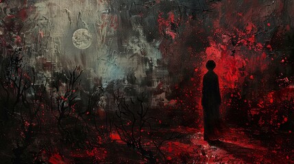 A solitary figure stands in a dark forest illuminated by the red glow of a fire, with a full moon shining above.