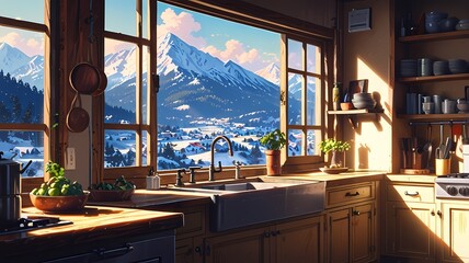 Anime kitchen with a large window framing a breathtaking mountain view, wooden countertops, and warm sunlight streaming in