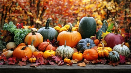 A harvest table decorated with pumpkins, gourds, and seasonal produce, set against a backdrop of autumn leaves.