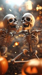 Spooky Halloween night with dancing skeletons, eerie shadows, 3D illustration