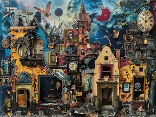 Wall Mural - Surreal cityscape with clocks, birds, and other objects.