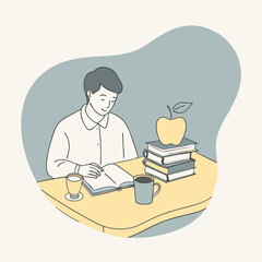 Wall Mural - young Chinese male studying and learning at a table, besides him is a pile of books, an apple and a pot of coffee