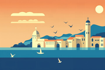 Wall Mural - Dubrovnik urban landscape with cityscape silhouette . Pattern with houses. Illustration