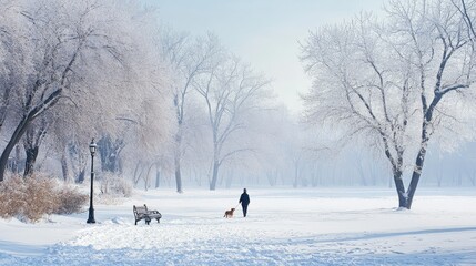 A person walking their dog through a snowy park, with snow-covered trees and a peaceful winter atmosphere.