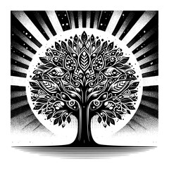 Wall Mural - tree with shy pop art black and white design