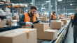 © boscorelli - Warehouse worker in orange vest checking logistics