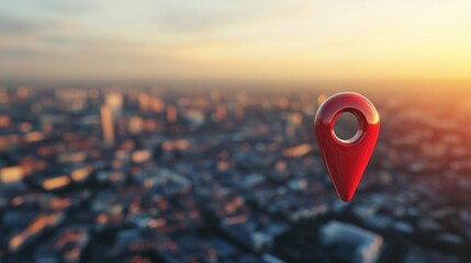 Poster - A red map pin stands prominently over a cityscape in a stylized illustration, representing navigation, location services, and urban mapping.