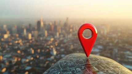 Poster - A red map pin stands prominently over a cityscape in a stylized illustration, representing navigation, location services, and urban mapping.