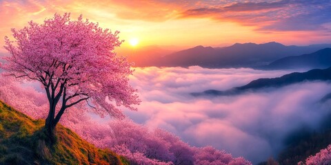 Sticker - A majestic cherry blossom tree stands amidst a sea of clouds. The sky is painted with shades of pink and orange as the sun sets behind distant mountains. 