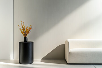 Minimalist living room with a white couch and a decorative vase on a black table, showcasing natural light during the day