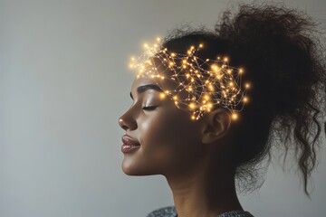 Poster - Side profile of a woman with glowing neural patterns on her head capturing the fusion of human thought with digital elements representing synergy between artificial intelligence and human cognition