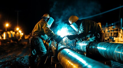 Welders Working on Pipeline at Night