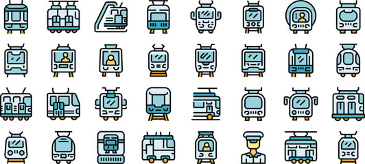 Poster - Tram icons set. Outline set of tram vector icons thin line color flat on white background