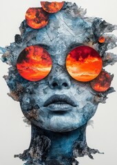 Wall Mural - A surreal portrait featuring a woman's face with vibrant sunset reflections.