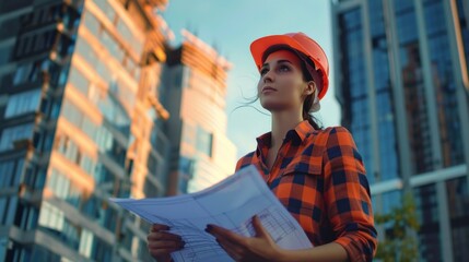 Woman architect with helmet reviewing construction plans in an unfinished building. Focus on planning and development.